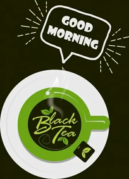 black tea banner green cup icon calligraphic decor 