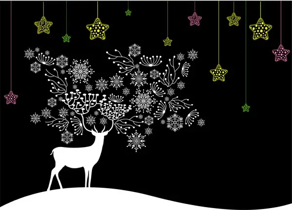 black white christmas background with deer and coloured stars