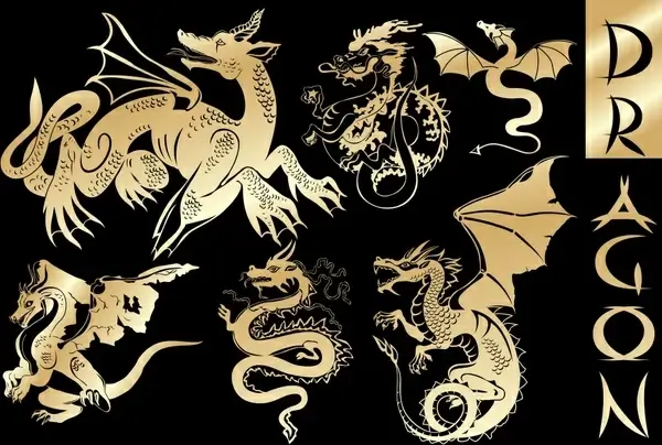 dragon icons classic oriental european sketch
