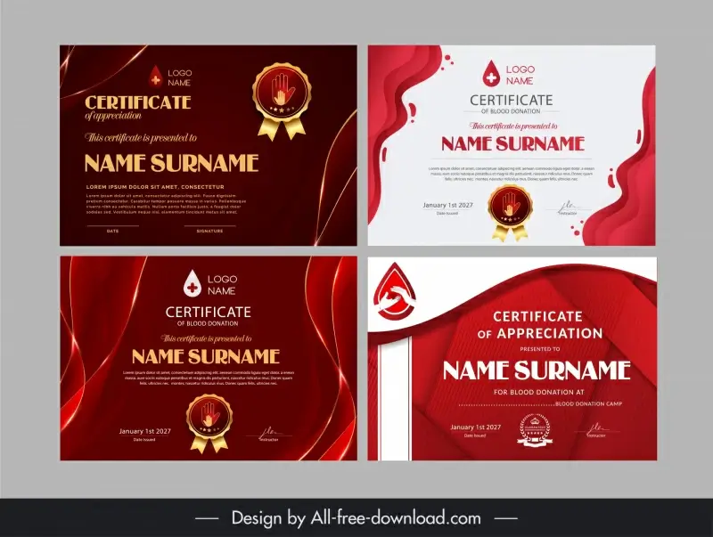 blood donation certificates templates collection elegant curves geometry decor