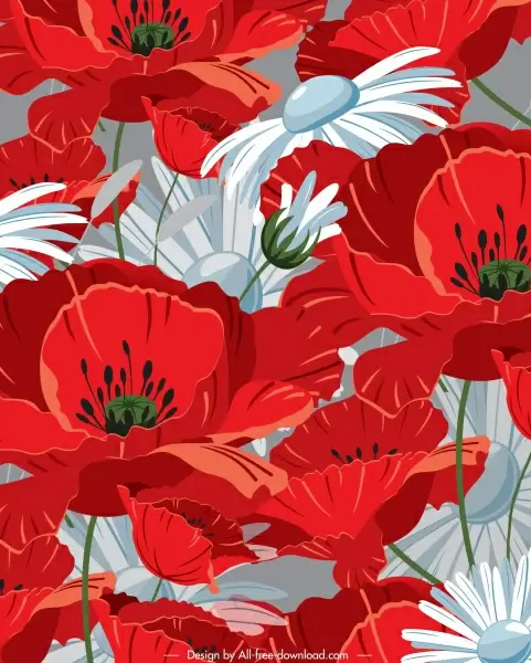 blooming flowers painting red white classical closeup decor