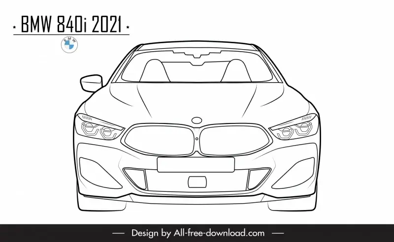 bmw 840i 2021 car model advertising template flat black white symmetric handdrawn front view outline