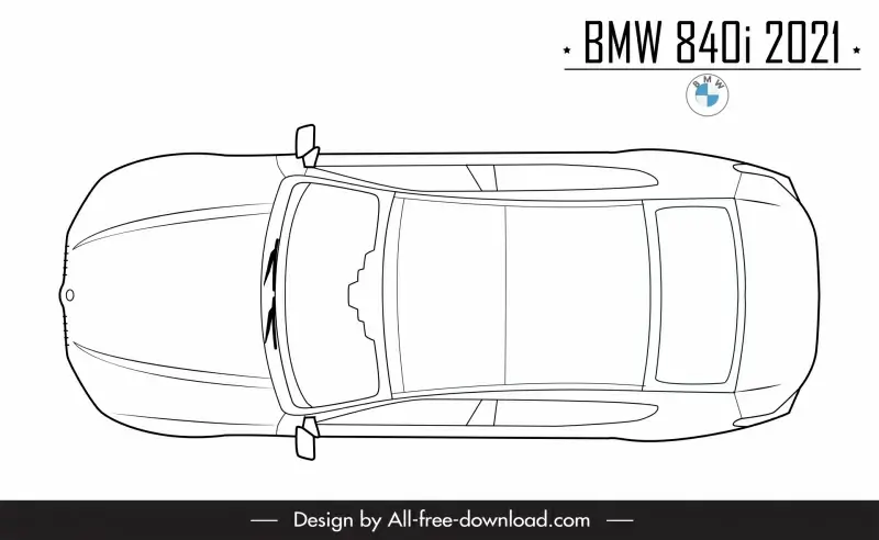 bmw 840i 2021 car model icon flat black white symmetric handdrawn top view outline