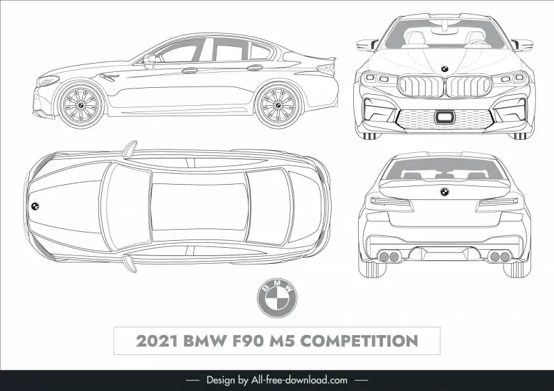 bmw f90 m5 full lineart template balck white handdrawn different views outline