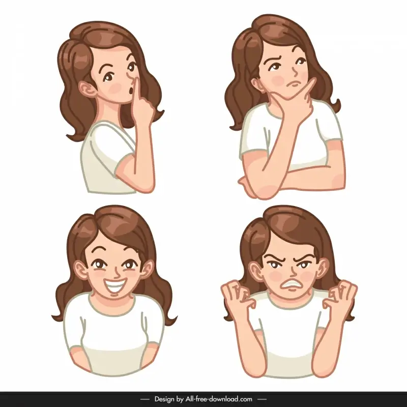 body language icons young lady cartoon sketch
