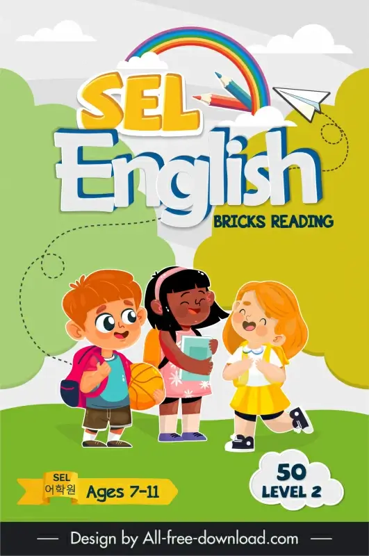 book cover english learning bricks reading 50 level 2 template cute happy children dynamic cartoon design 