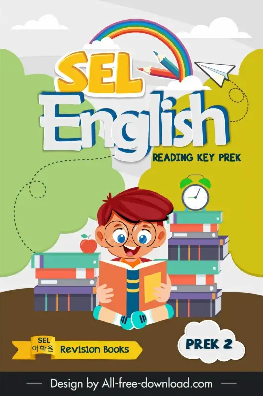 book cover english learning reading key prek prek 2 template cute boy reading book sketch dynamic cartoon design 