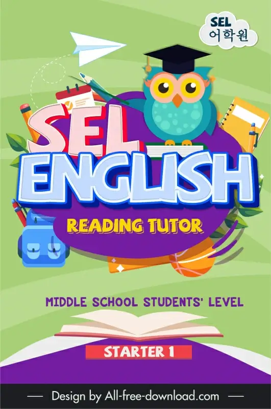 book cover english learning reading tutor starter 1 flat educational symbols outline 