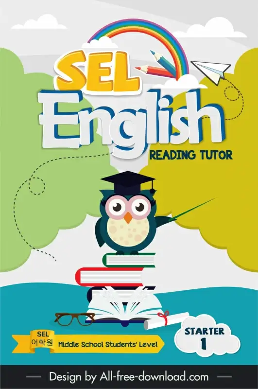 book cover english learning reading tutor starter template cute cartoon owl education elements sketch