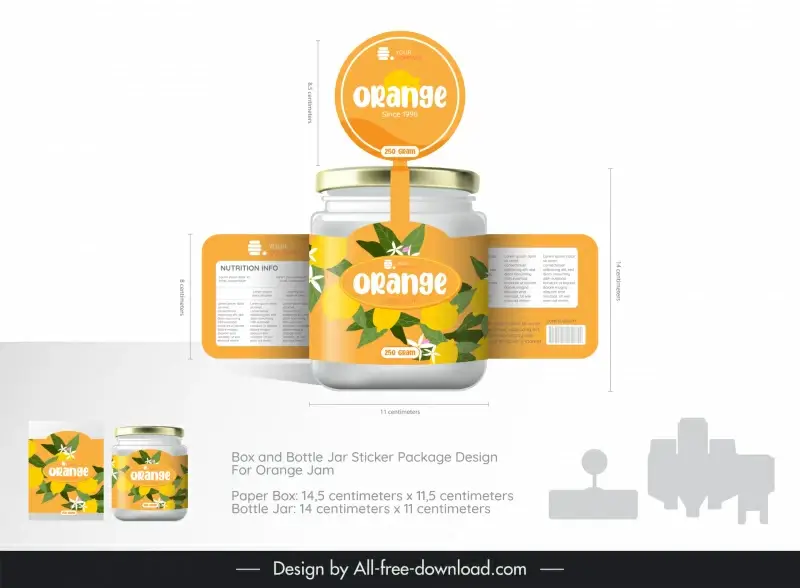 box and bottle jar sticker package design for orange jam advertising template bright elegant modern design