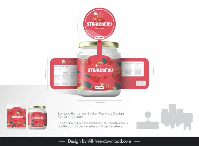 box and bottle jar sticker package design for strawberry jam template elegant modern design