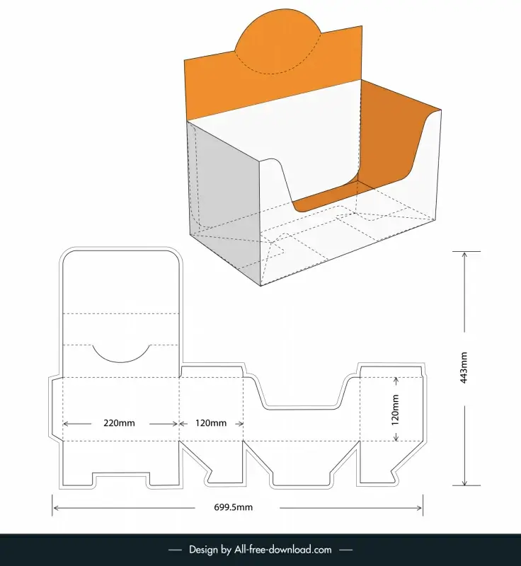 box package template opposite display stand and die cut flat 3d sketch