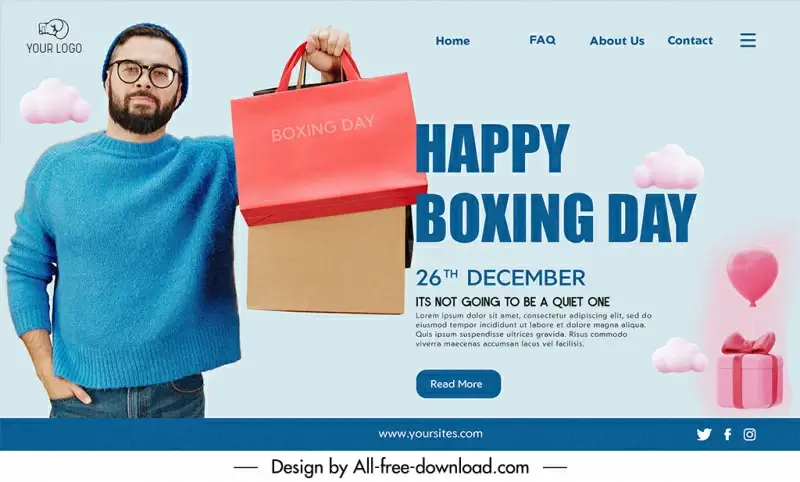 boxing day landing page template man shopping bags sketch modern realistic design  