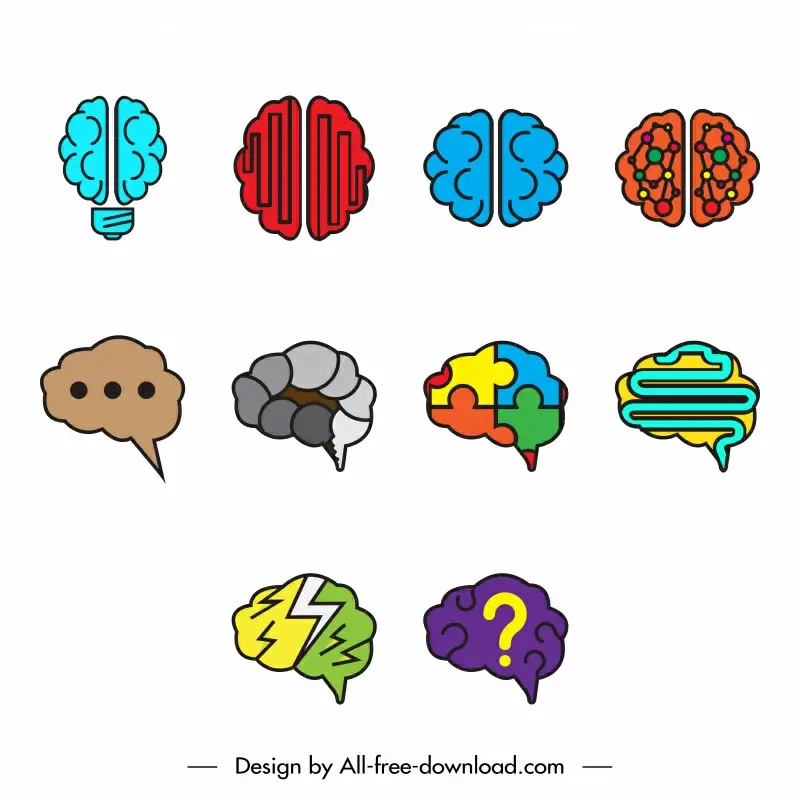 brain icon sets flat handdrawn symbols outline 
