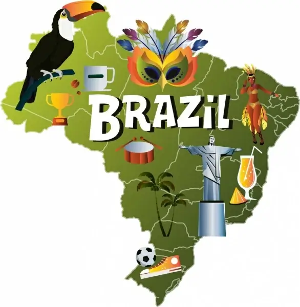 brazil background map parrot mask statue football icons