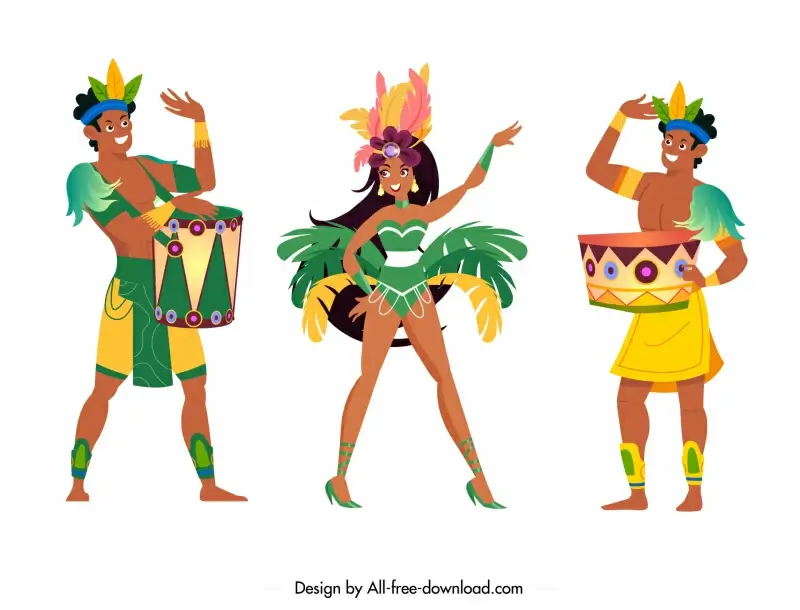 brazil carnival dancers icon dynamic cartoon characters sketch 