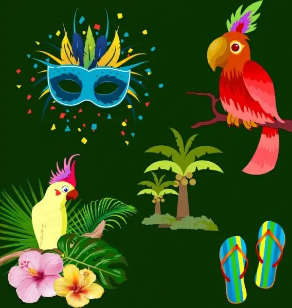 brazil design elements mask parrot coconut slippers icons