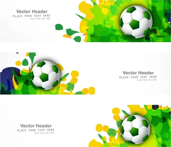 brazil flag colors three header set splash grunge soccer ball white background vector