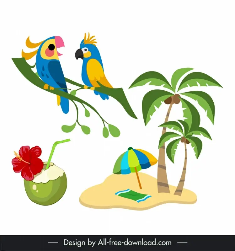 brazil symbol icons parrots coconut tree island sketch 