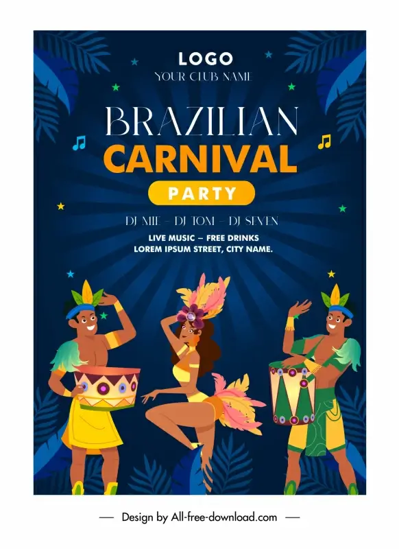 brazilian carnival party poster template dynamic cartoon dancers sketch 