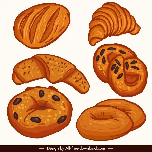 bread cake icons flat classical handdrawn sketch