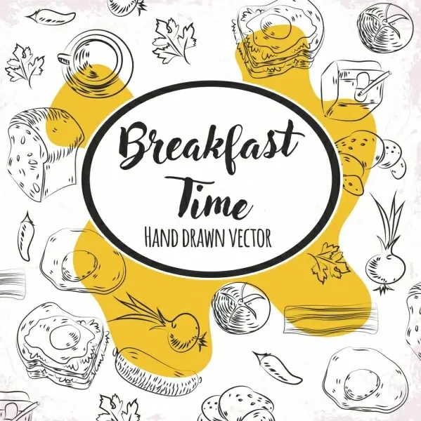 breakfast time banner food icons handdrawn sketch