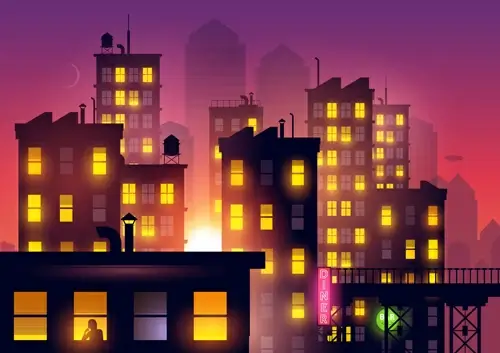 brightly lit midnight city vector background