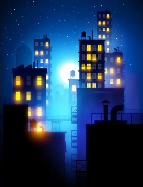 brightly lit midnight city vector background
