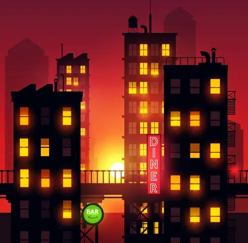 brightly lit midnight city vector background