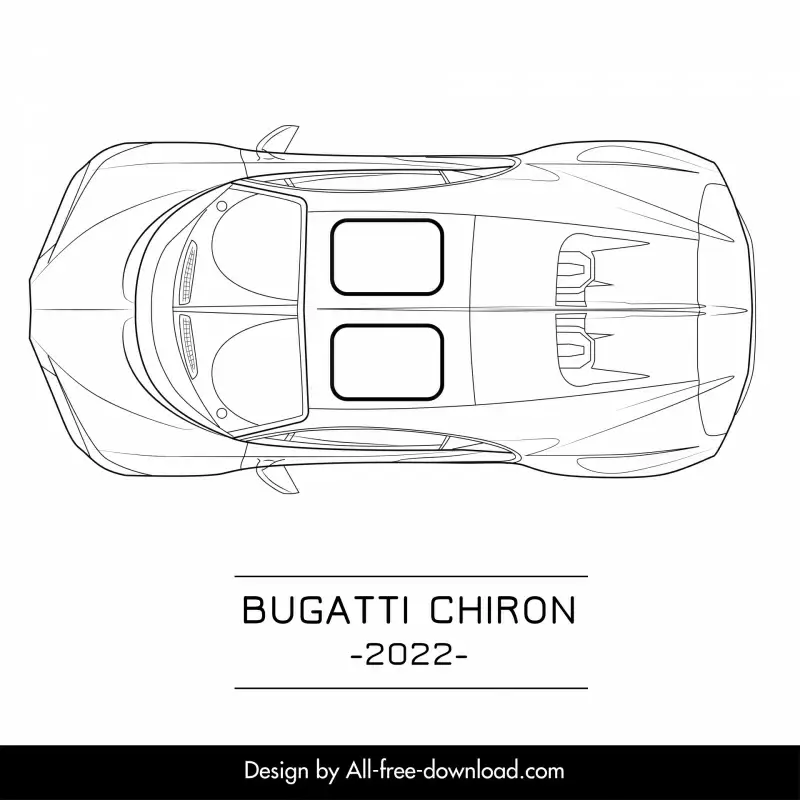 bugatti chiron 2022 car model icon flat black white symmetric handdrawn top view outline