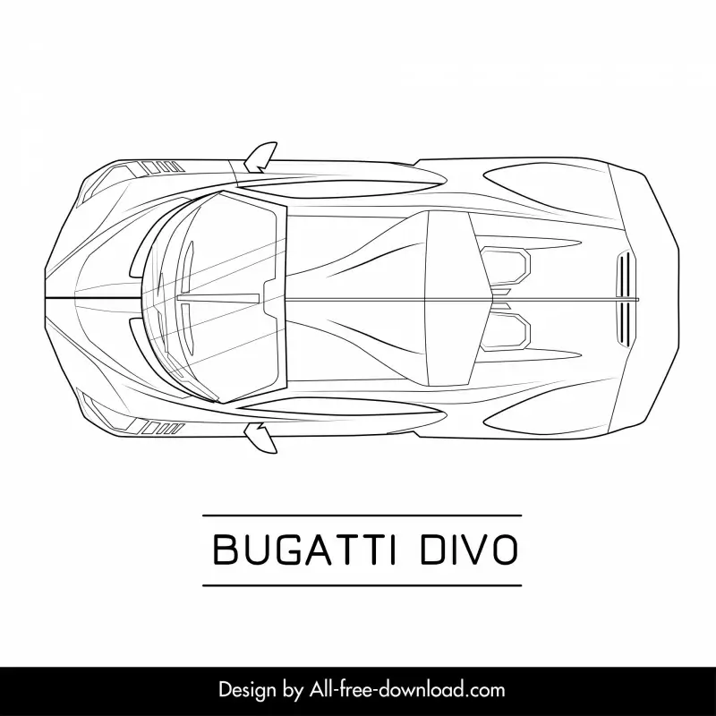 bugatti divo car model icon flat black white handdrawn top view outline