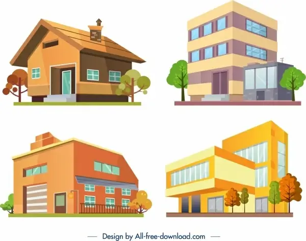 building architecture icons colored modern 3d design