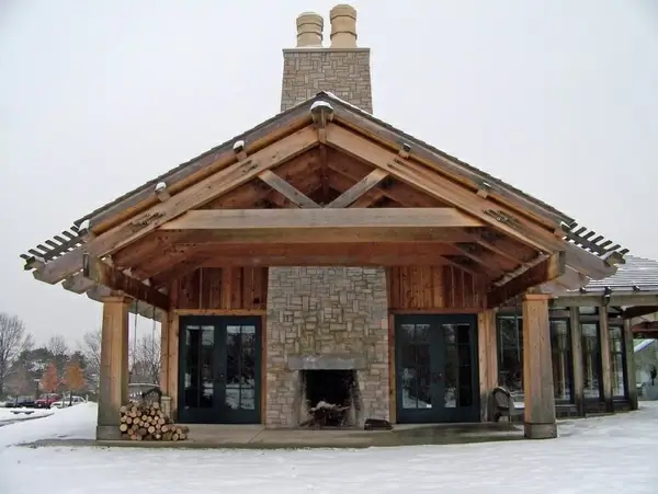 building with outdoor fireplace