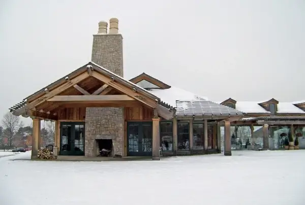 building with outdoor fireplace