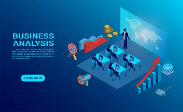 business analysis concept with character creative interactive workspace development workplace infographic of analysing strategy engine flat design isometric