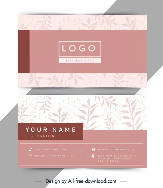 business card template elegant pink leaves decor