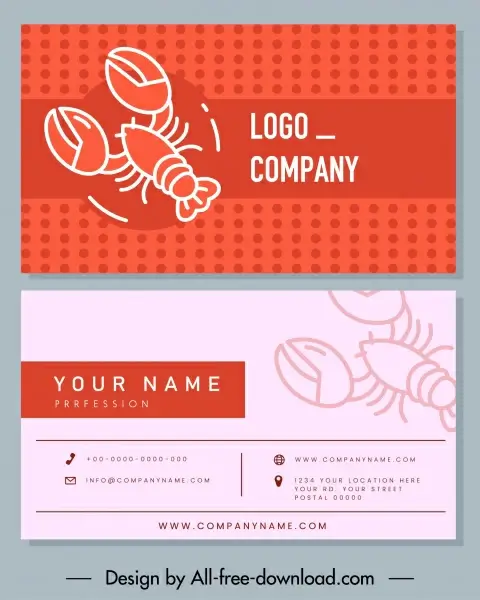 business card template lobster sketch flat handdrawn design