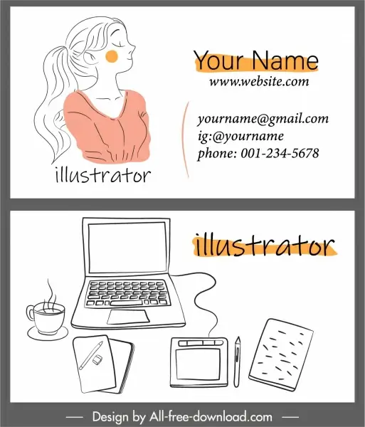 business card template portrait desk elements handdrawn sketch