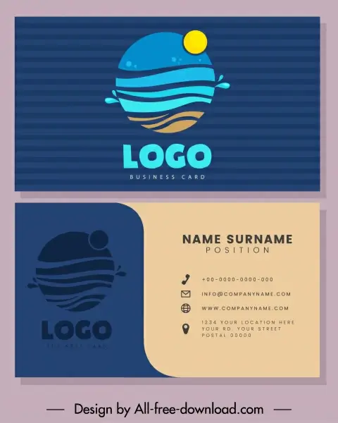 business card template sea wave logo flat sketch