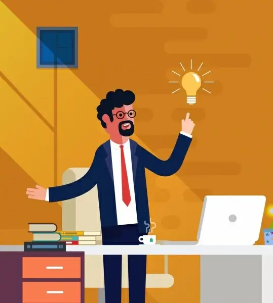 business idea drawing man lightbulb icons colored cartoon