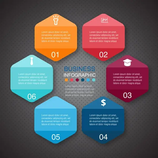 business infographic illustration with colorful abstract hexagons