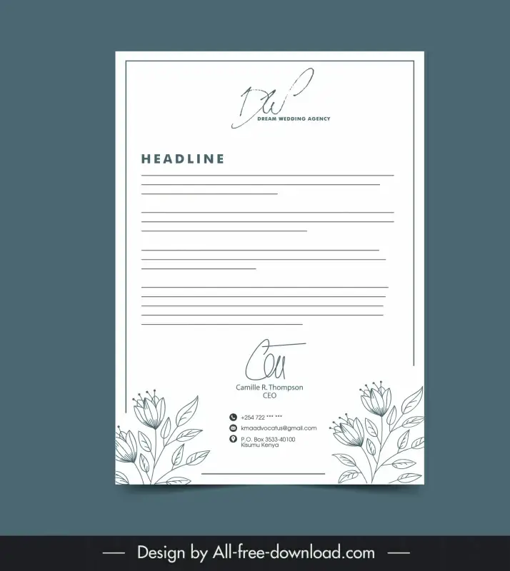 business letterhead template elegant handdrawn floral decor