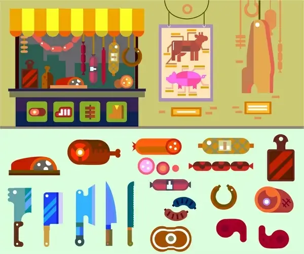 butcher shop concept with various food illustration