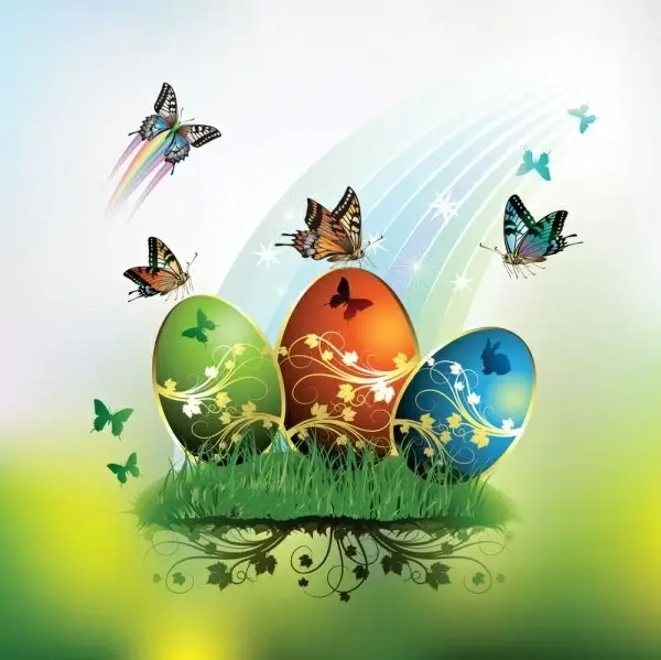butterflies and decorated easter egg cards 01 vector