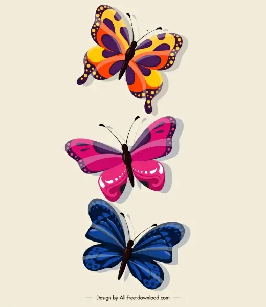 butterflies decor elements shiny colorful flat sketch