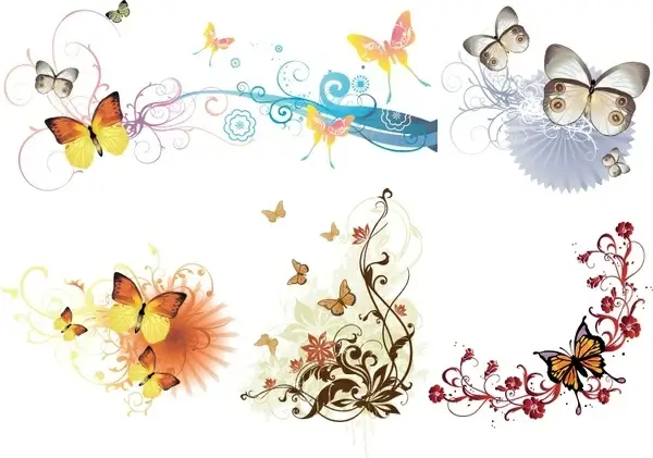 decorative design elements butterflies curves decor multicolored design