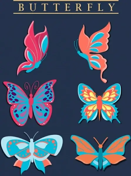 butterfly icons collection colorful flat design