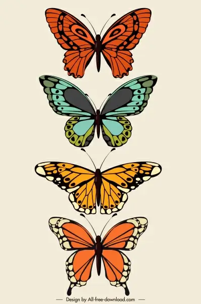 butterfly icons colorful flat symmetric sketch