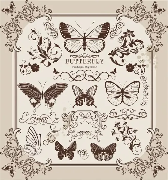 document decorative elements classic symmetric elegant butterflies shapes