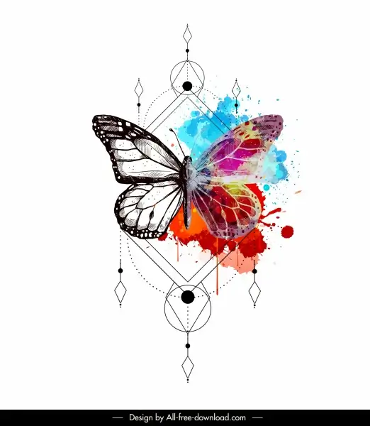 butterfly tattoo template colorful grunge decor symmetric design